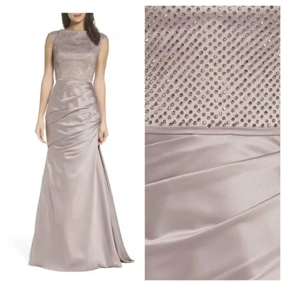 La Femme Champagne Beaded Lace Ruched Gown Formal
